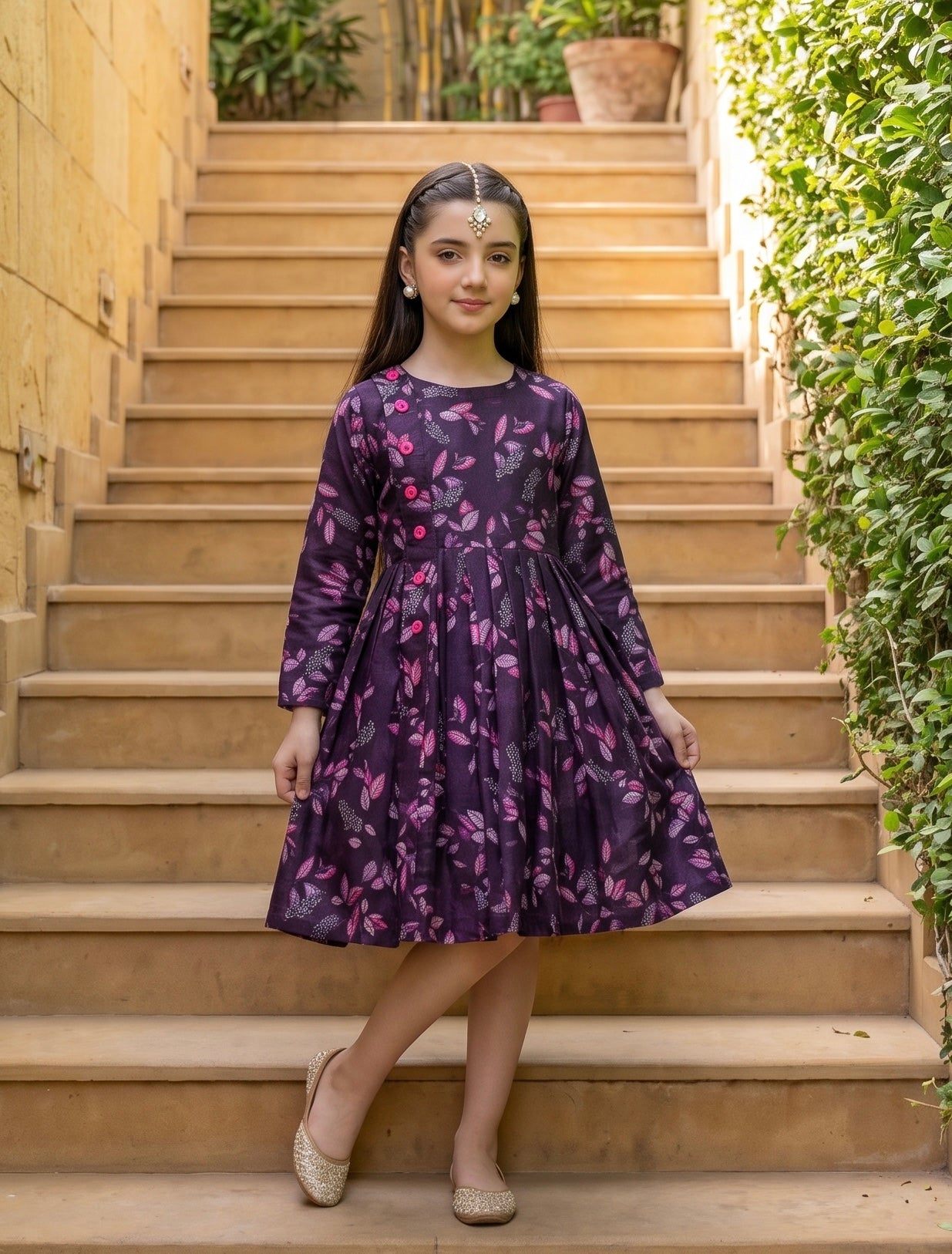 Deep Purple Pink Leaf Khaddar Frock Z005