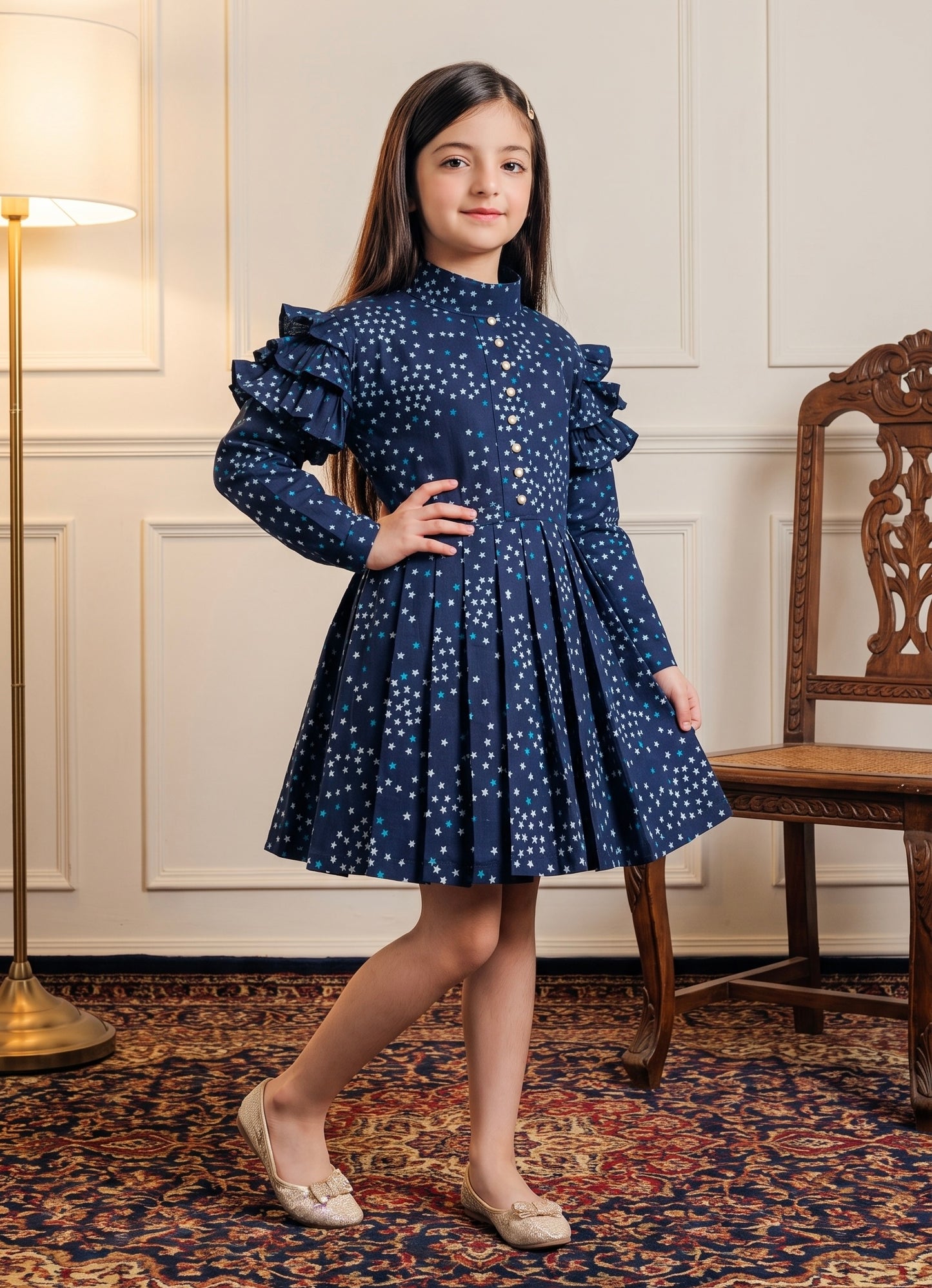 Blue Stars Winter Cotton Frock Z006