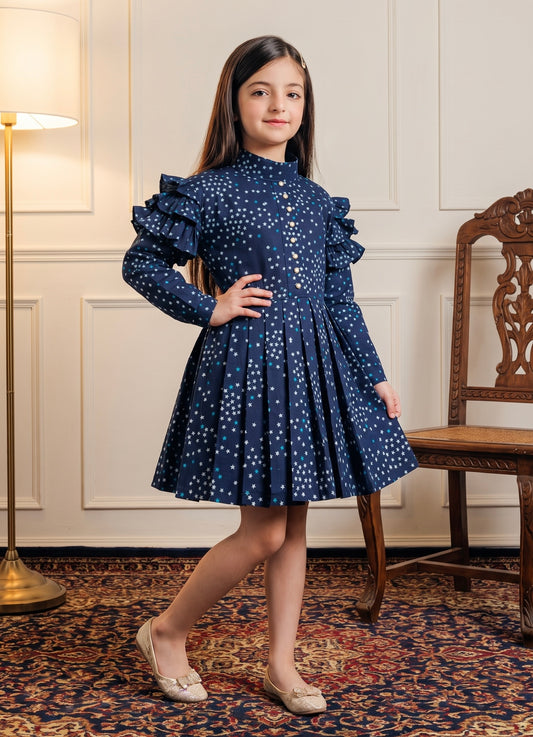 Blue Stars Winter Cotton Frock Z006