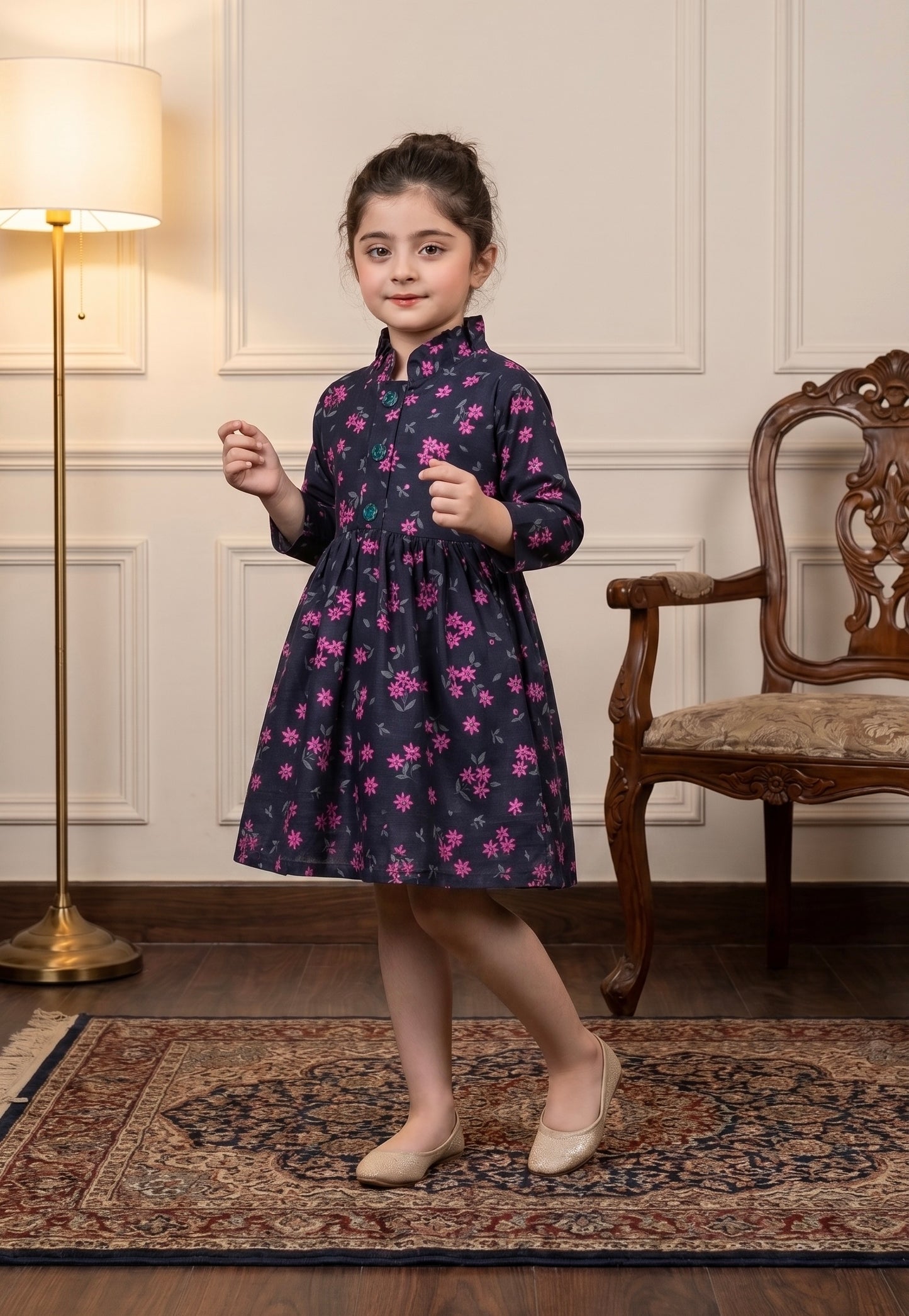 Pink Floral Khaddar Frock Z004