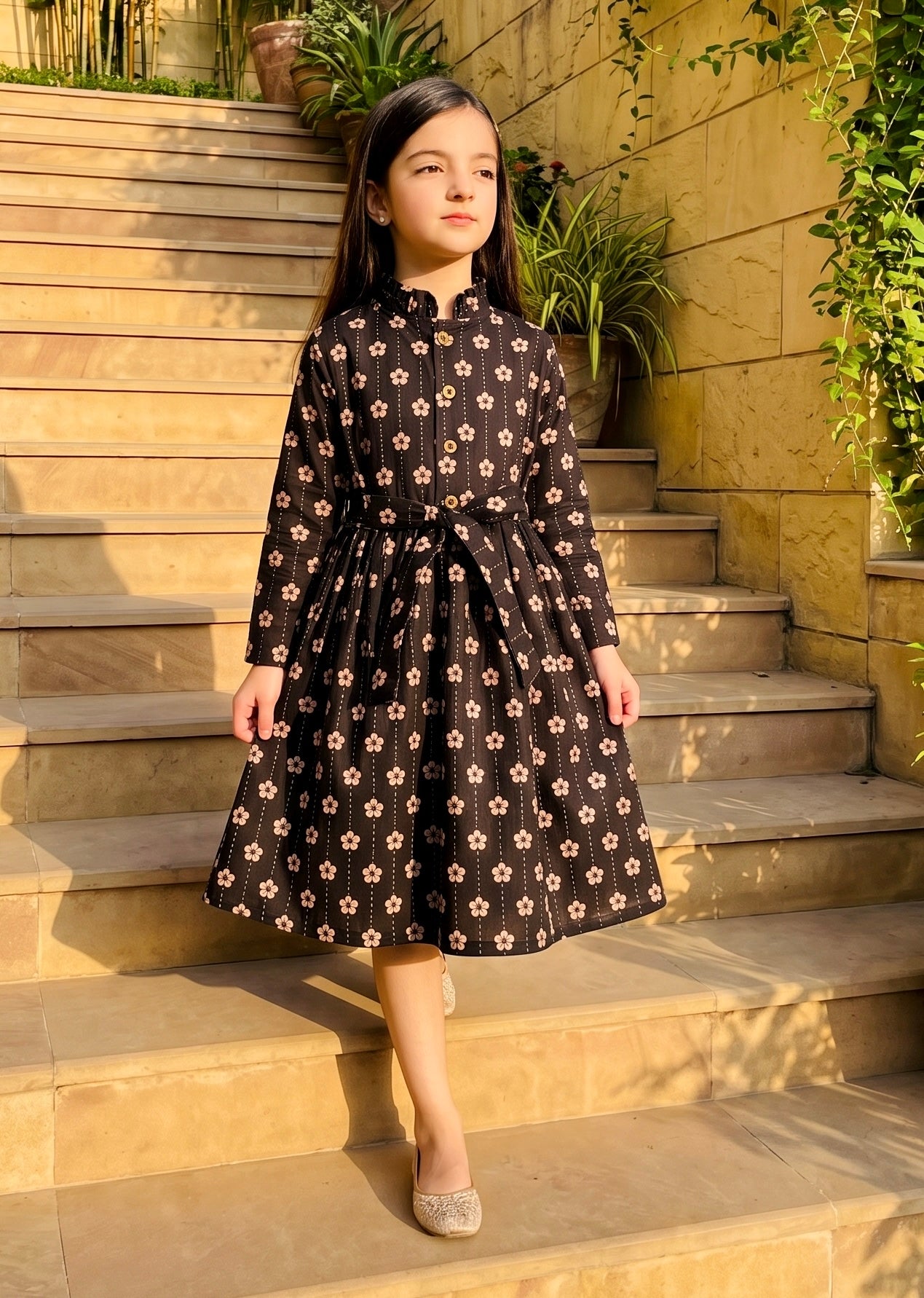 Black Khaddar Floral Frock Z001