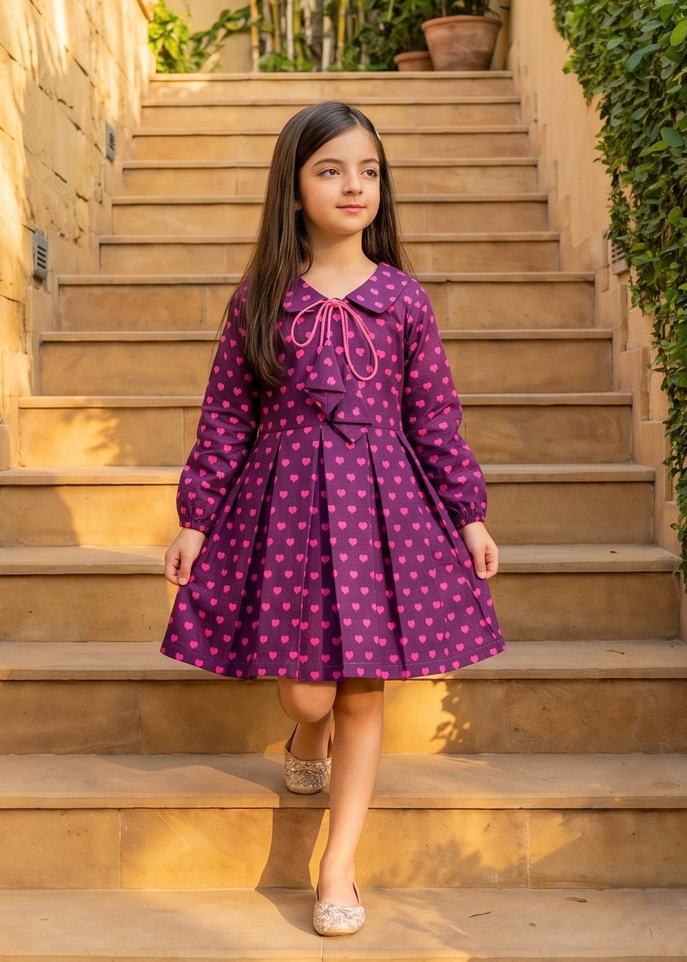 Purple Pink Heart Khaddar Frock Z003