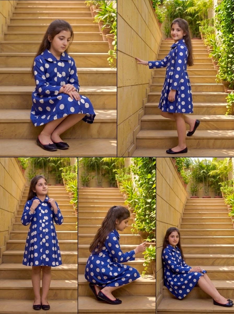 Blue Polka Dot Winter Cotton Frock Z024