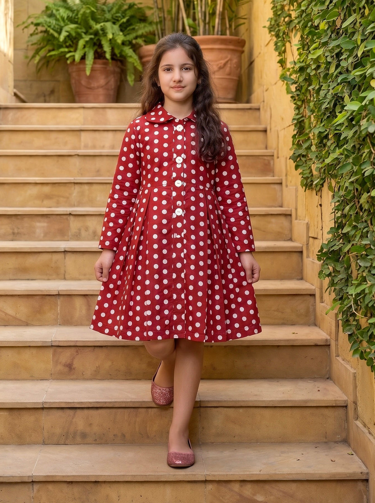 Red Polka Dot Winter Cotton Frock Z019