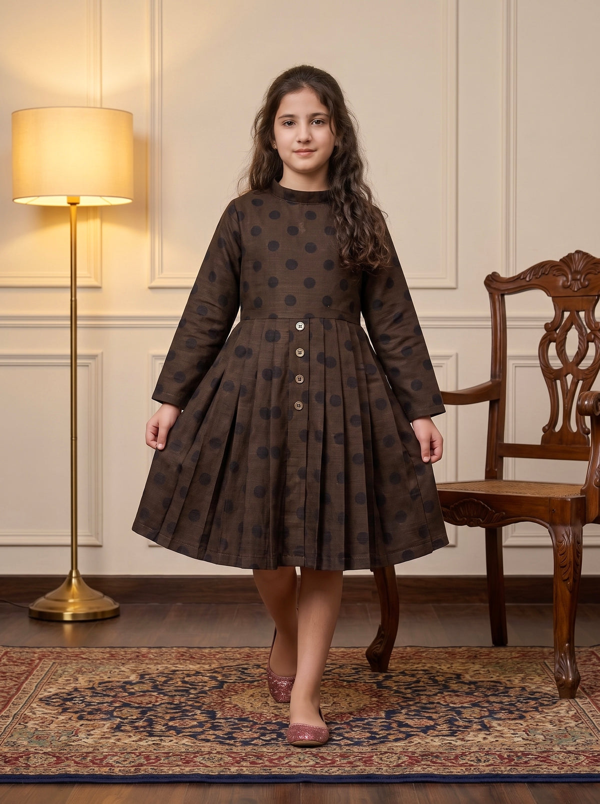 Brown Black Polka Dot KhaddarFrock Z015