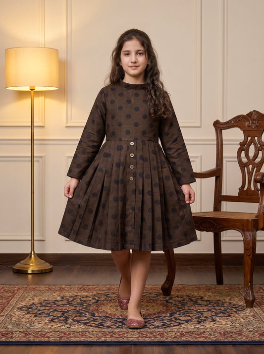 Brown Black Polka Dot KhaddarFrock Z015