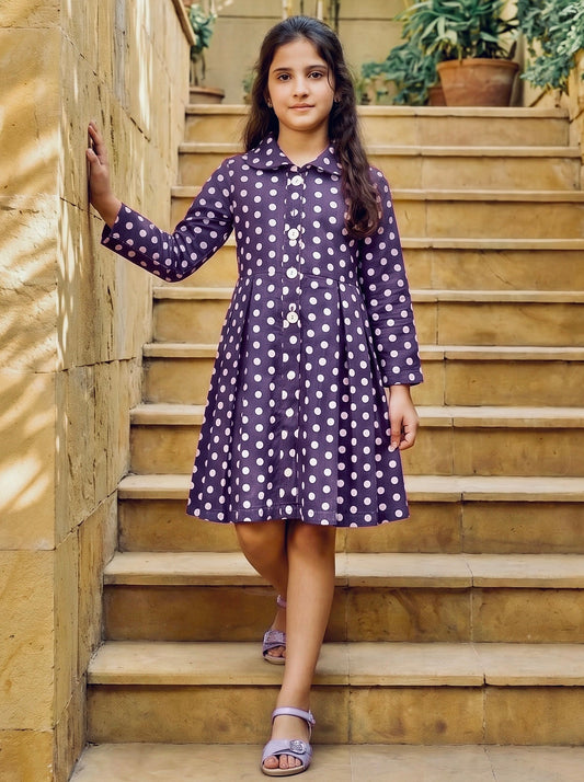 Purple Violet Polka Dot Winter Cotton Frock Z022