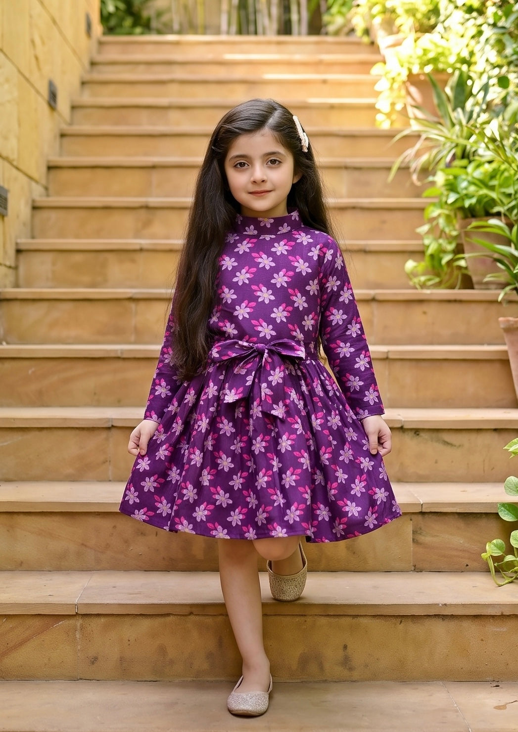 Purple Pink Floral Khaddar Frock Z008