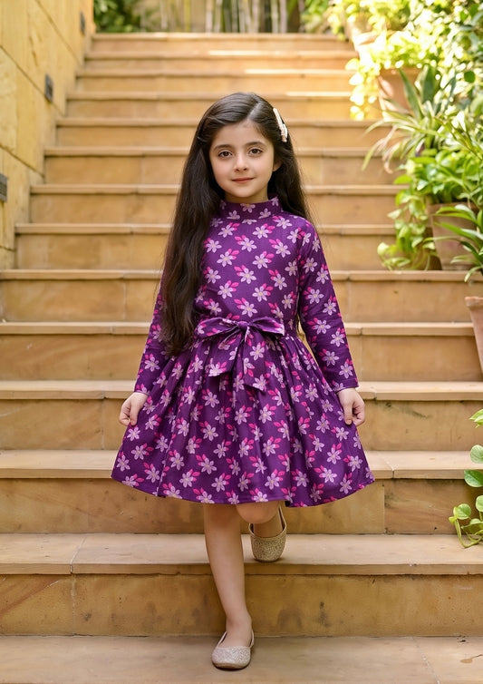 Purple Pink Floral Khaddar Frock Z008
