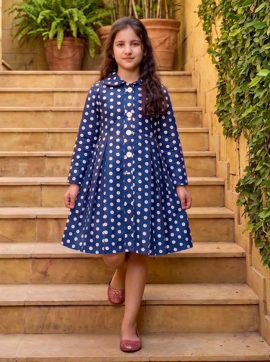 Blue Polka Dot Winter Cotton Frock Z021