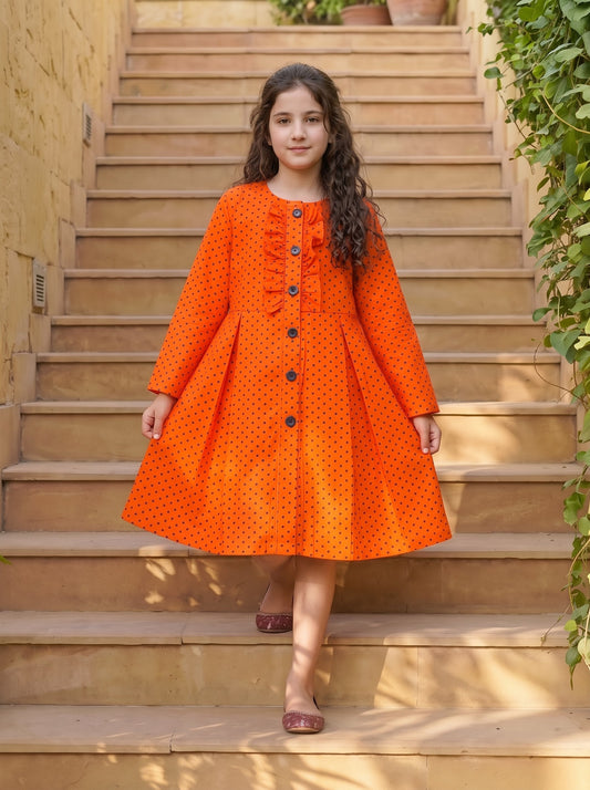Orange Polka Dot Winter Cotton Frock Z009