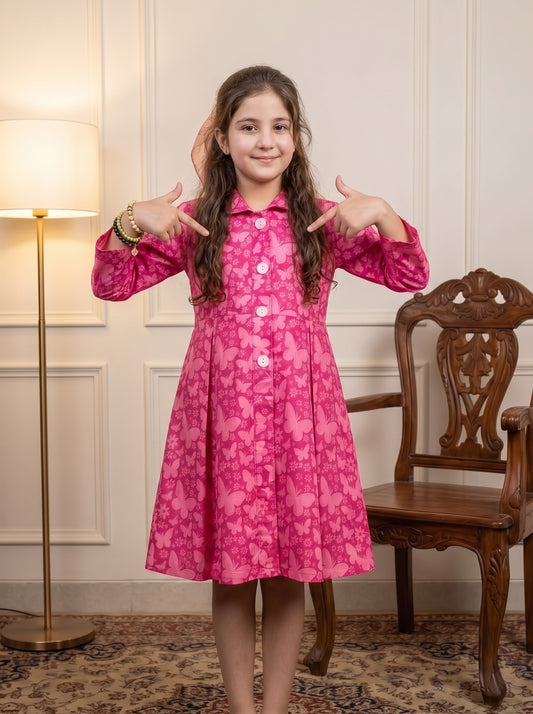 Pink Butterfly Winter Cotton Frock Z011