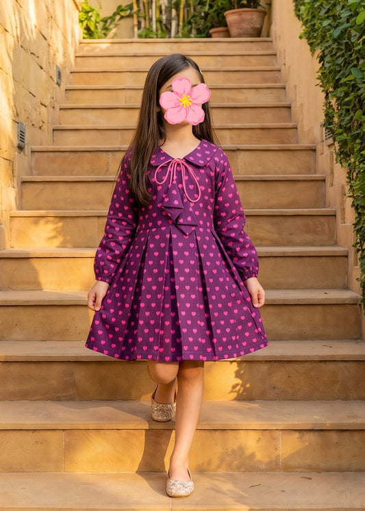 Purple Pink Heart Khaddar Frock Z003