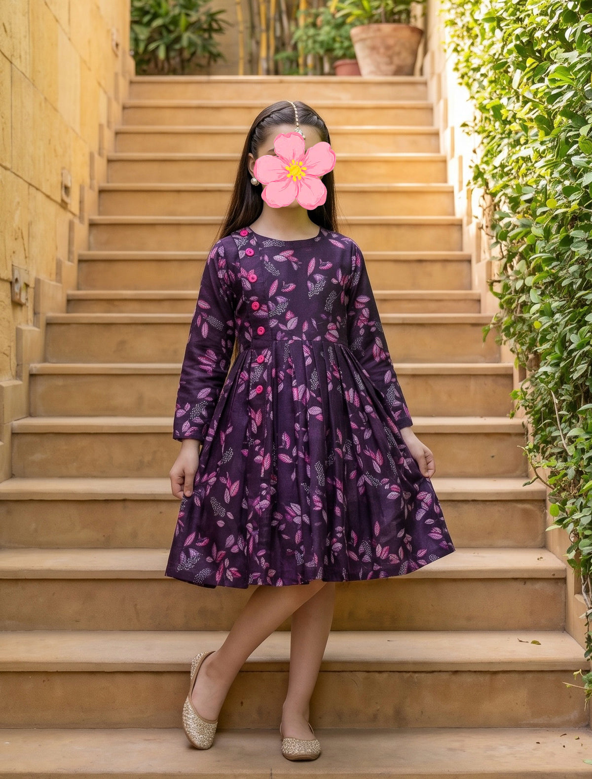 Deep Purple Pink Leaf Khaddar Frock Z005