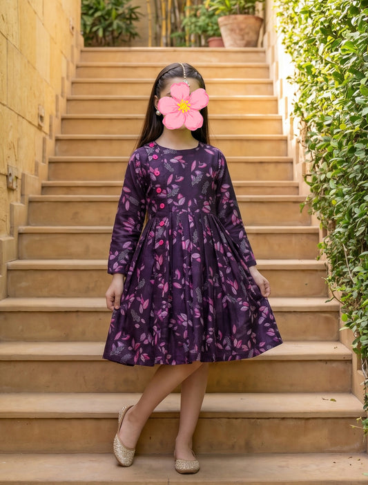 Deep Purple Pink Leaf Khaddar Frock Z005