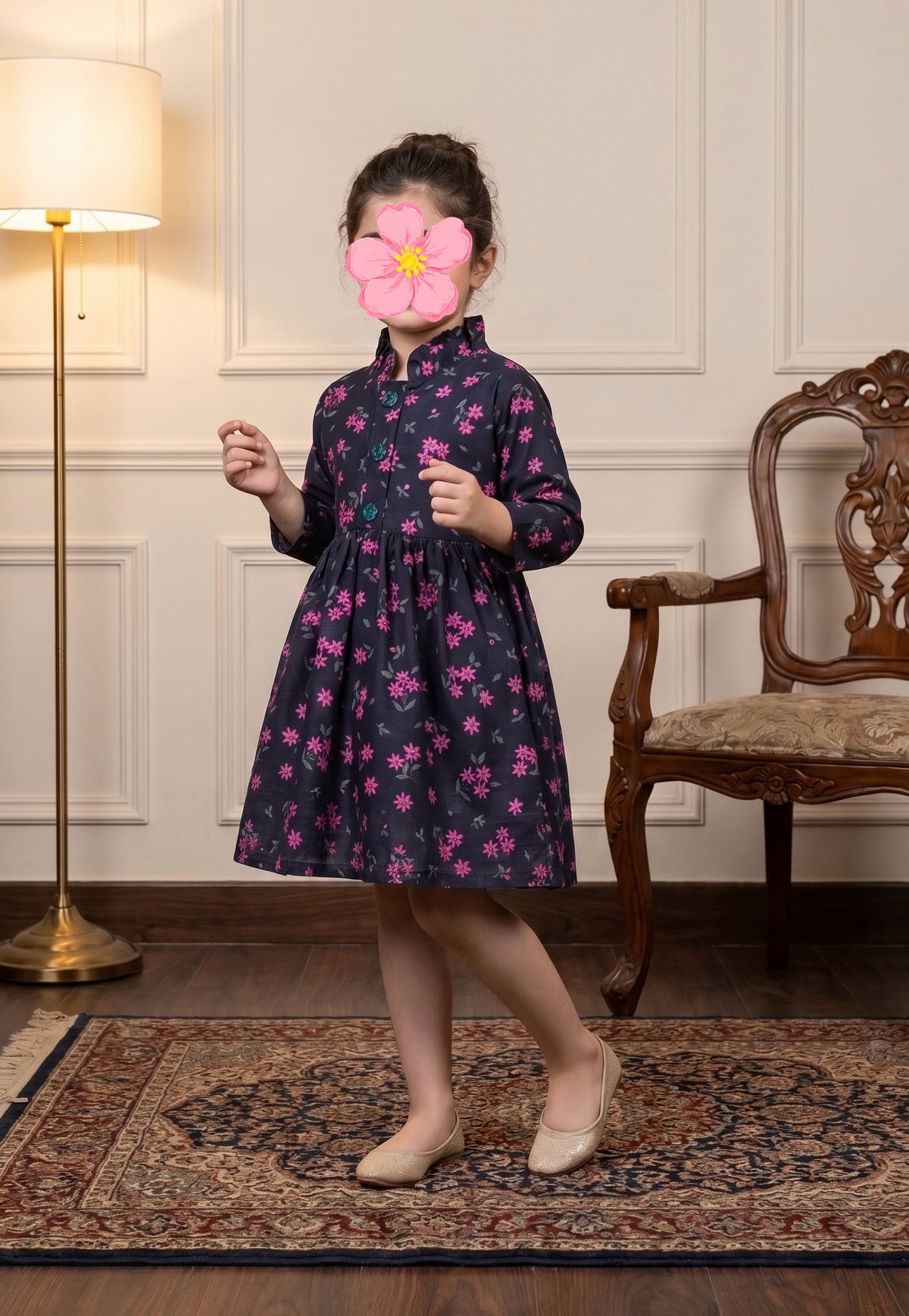 Pink Floral Khaddar Frock Z004