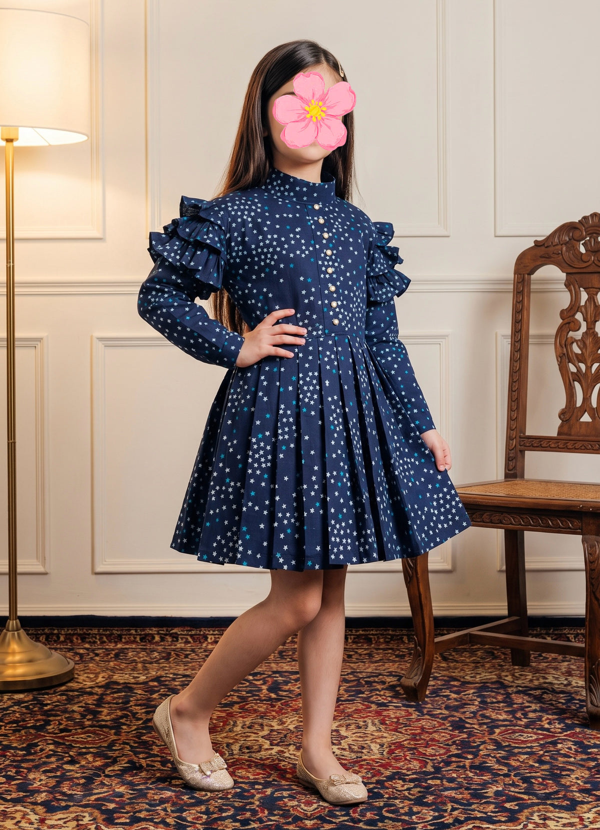 Blue Stars Winter Cotton Frock Z006