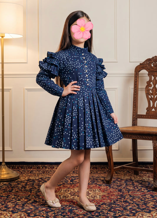 Blue Stars Winter Cotton Frock Z006