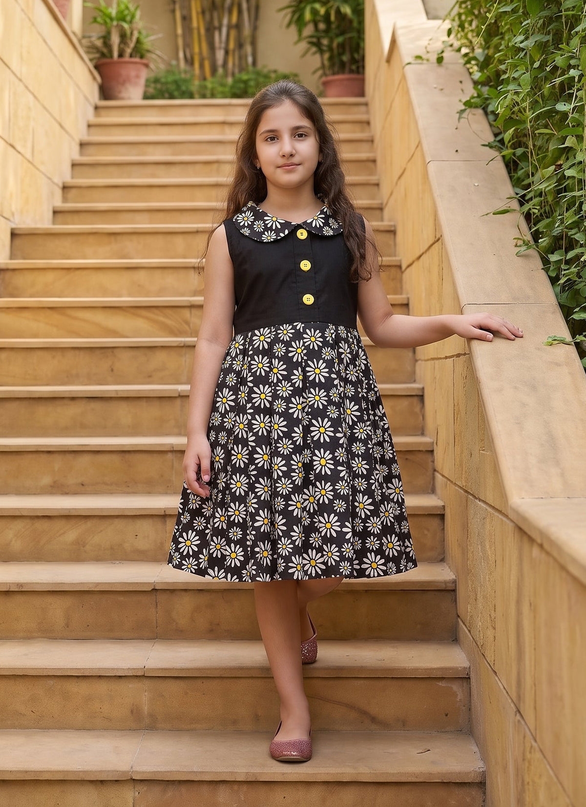 Black white Floral Cotton Frock Z016