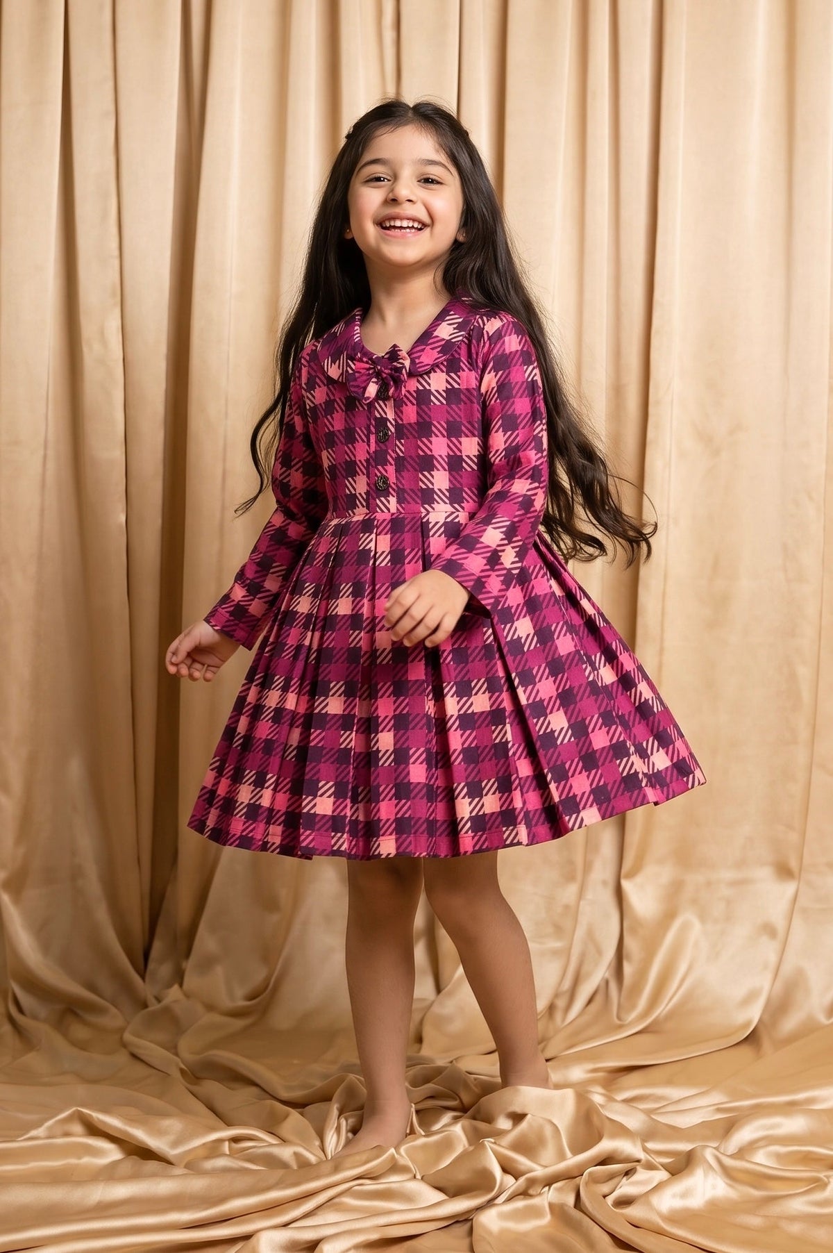 Sweet Magenta Check Winter Cotton Frock ZO28